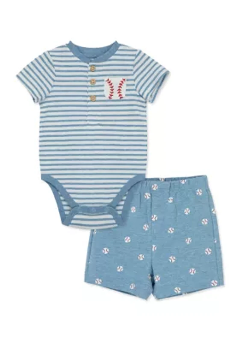 Baby Boys Striped Bodysuit and Baseball Printed Shorts Set