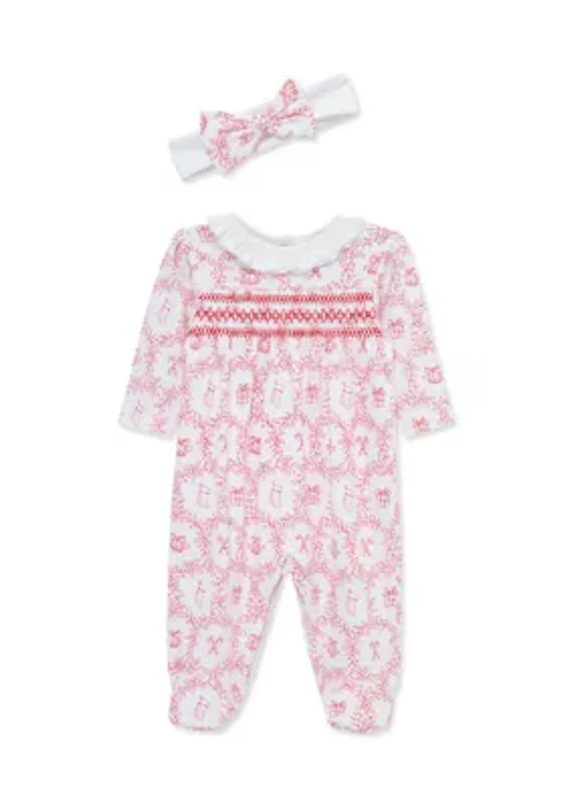 Baby Girls Festive Toile Footie with Headband
