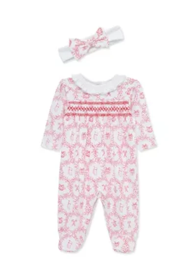 Baby Girls Festive Toile Footie with Headband