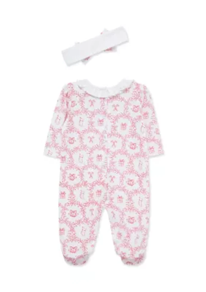 Baby Girls Festive Toile Footie with Headband