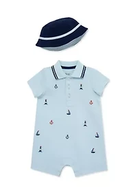 Baby Boys Nautical Romper Bucket Hat Set
