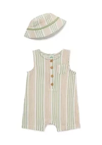 Baby Boys Gauze Striped Romper and Hat Set