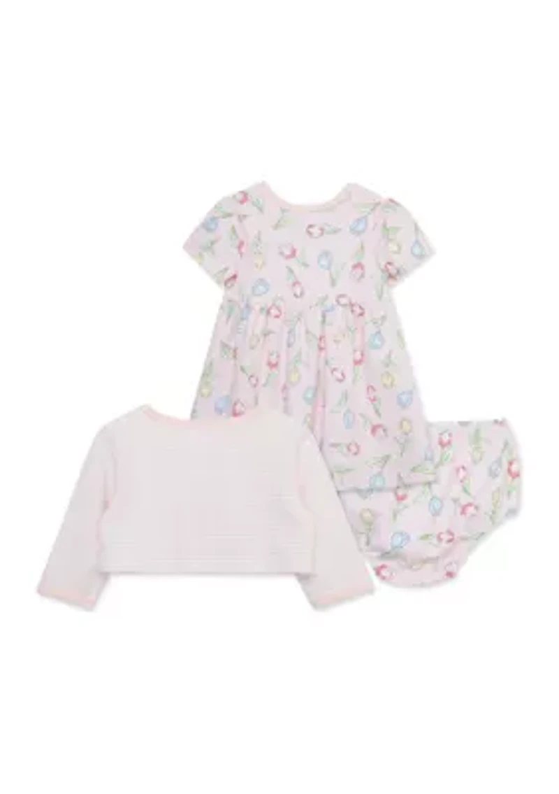 Baby Girls Tulips Dress and Cardigan Set with Bloomer