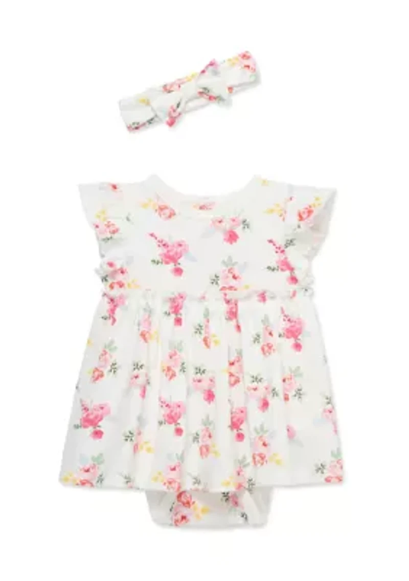 Baby Girls Roses Bodysuit Dress with Headband