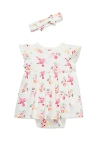 Baby Girls Roses Bodysuit Dress with Headband