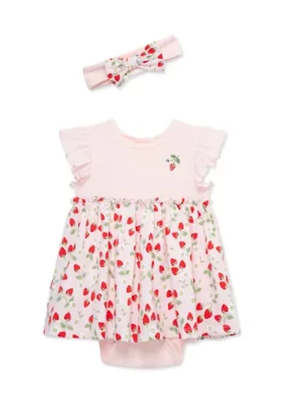 Baby Girls Strawberries Bodysuit Dress with Headband