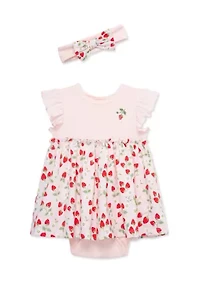Baby Girls Strawberries Bodysuit Dress with Headband