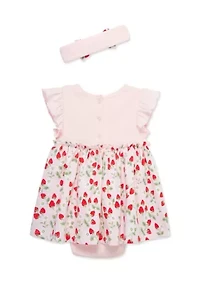 Baby Girls Strawberries Bodysuit Dress with Headband
