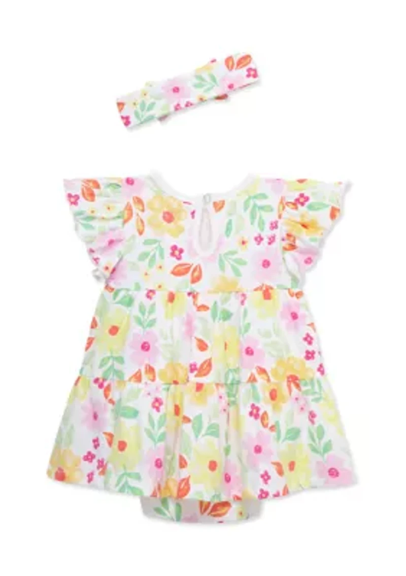 Baby Girls Happy Floral Bodysuit Dress with Headband