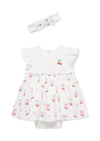 Baby Girls Cherry Bodysuit Dress and Headband Set