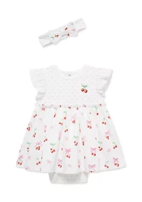 Baby Girls Cherry Bodysuit Dress and Headband Set