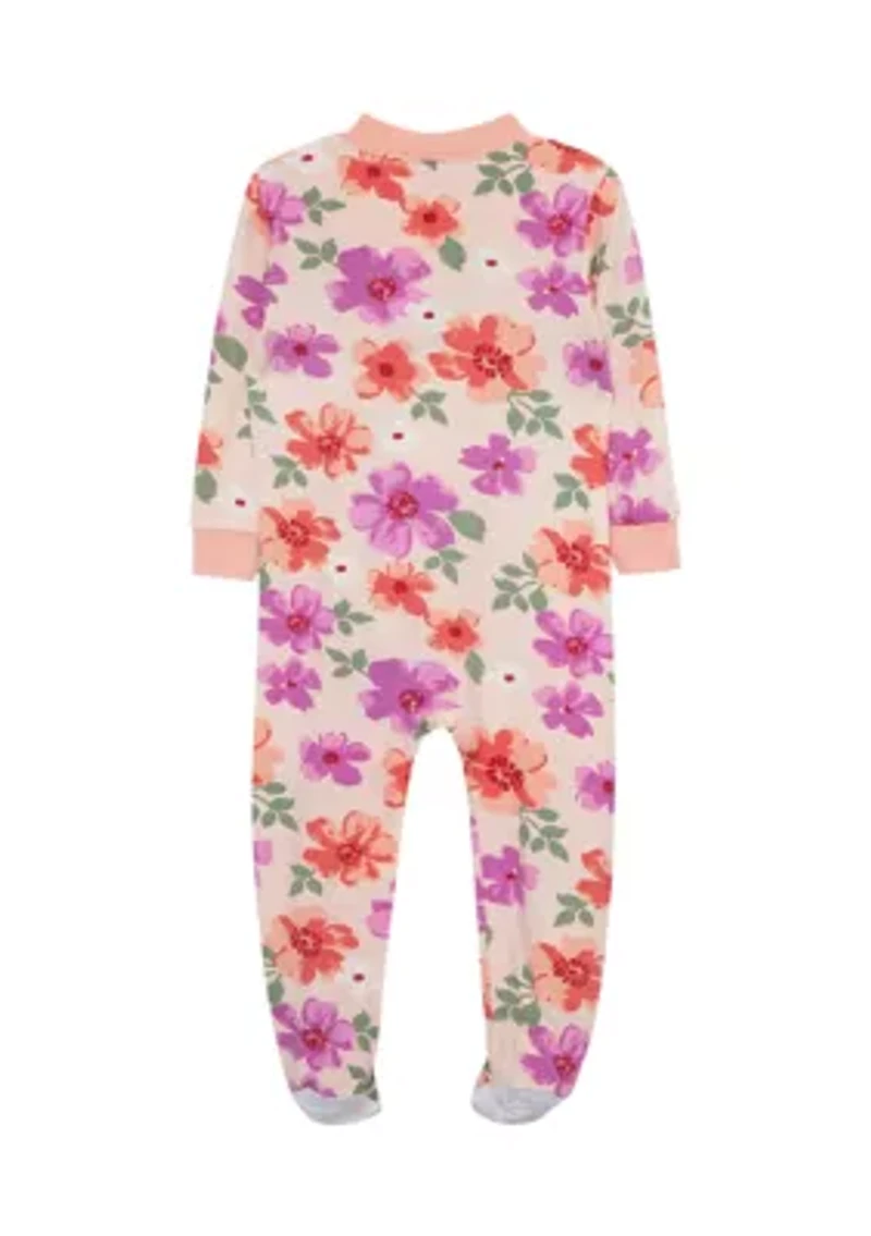 Baby Girls Floral Printed Zip Front Bamboo Footie Pajamas