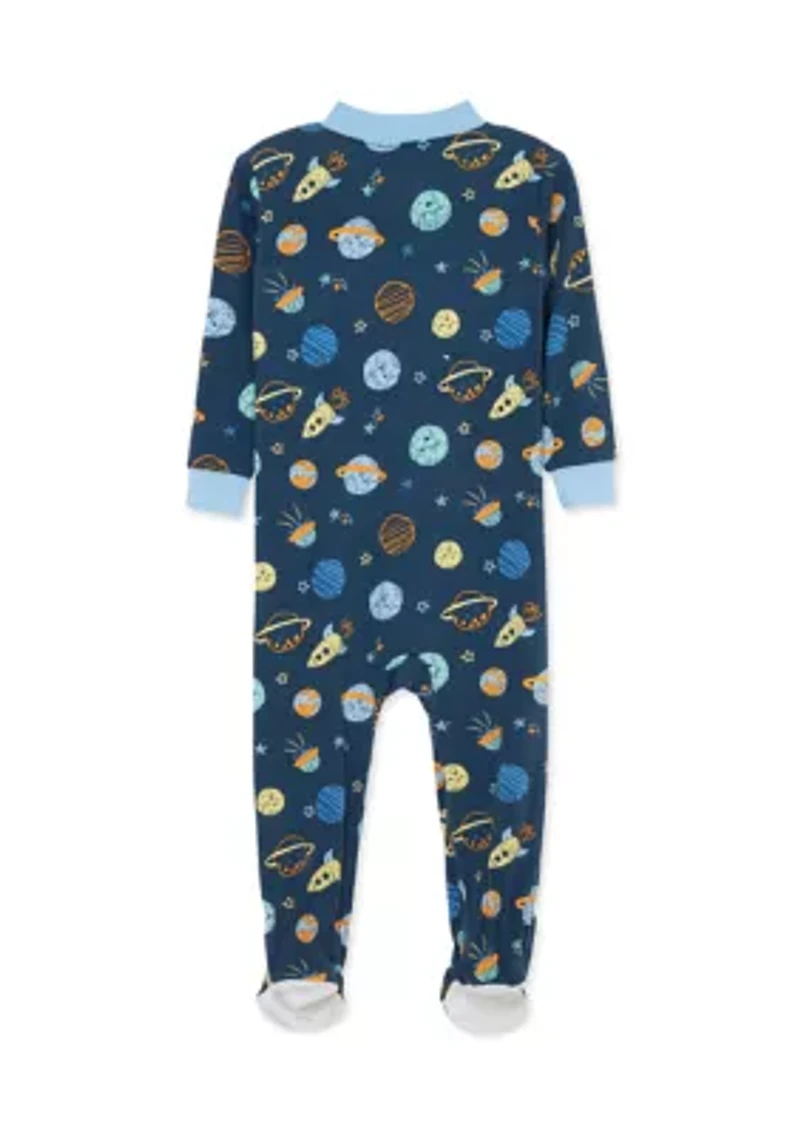 Baby Boys Space Printed Zip Front Footie Pajamas