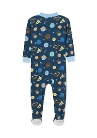 Baby Boys Space Printed Zip Front Footie Pajamas