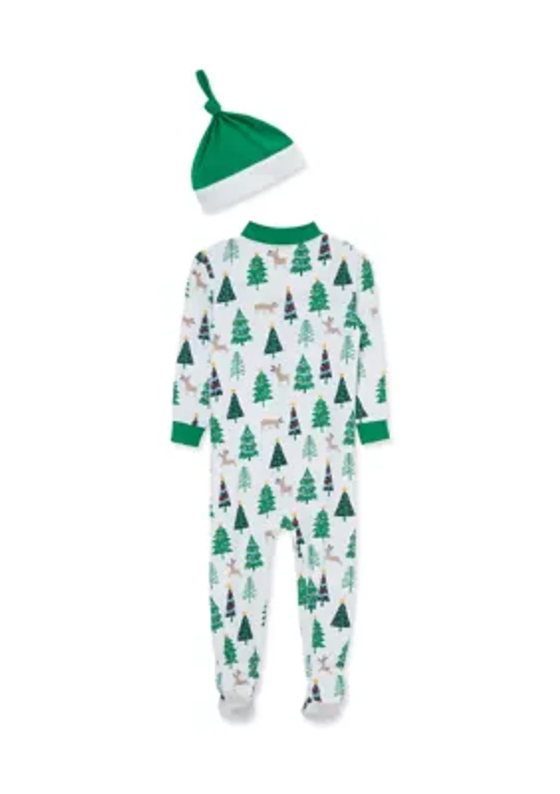 Baby Boys Christmas Tree Zip Front Footie with Hat