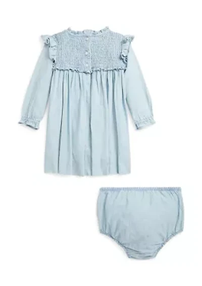 Baby Girls Smocked Cotton Chambray Dress & Bloomer