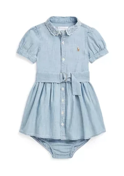 Baby Girls Belted Chambray Shirtdress & Bloomer