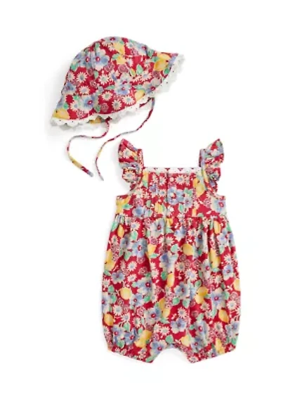 Baby Girls Floral Cotton Jersey Shortall & Hat Set