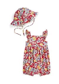 Baby Girls Floral Cotton Jersey Shortall & Hat Set