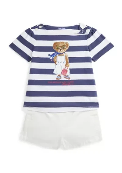 Baby Girls Polo Bear Cotton T-Shirt & Twill Short Set
