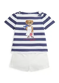 Baby Girls Polo Bear Cotton T-Shirt & Twill Short Set