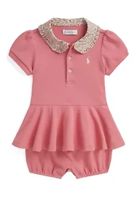 Baby Girls Floral Collar Mesh Bubble Shortall