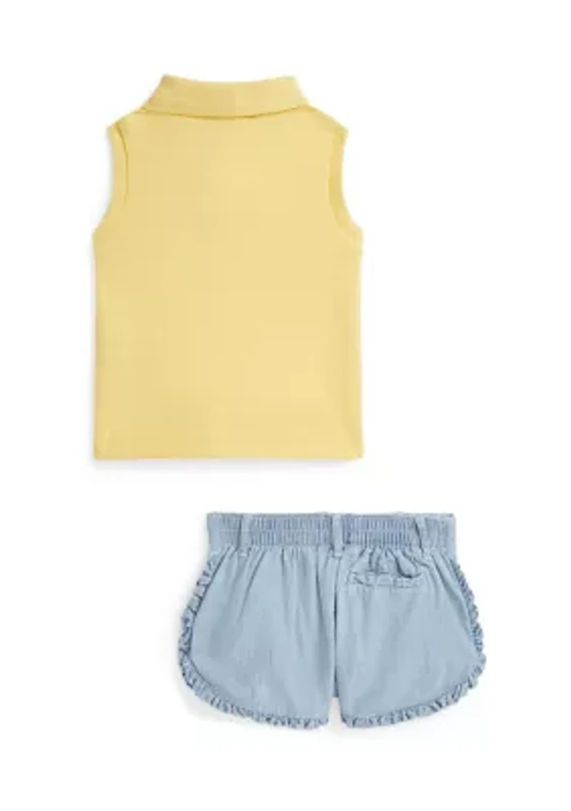 Baby Girls Cotton Polo Shirt & Chambray Short Set