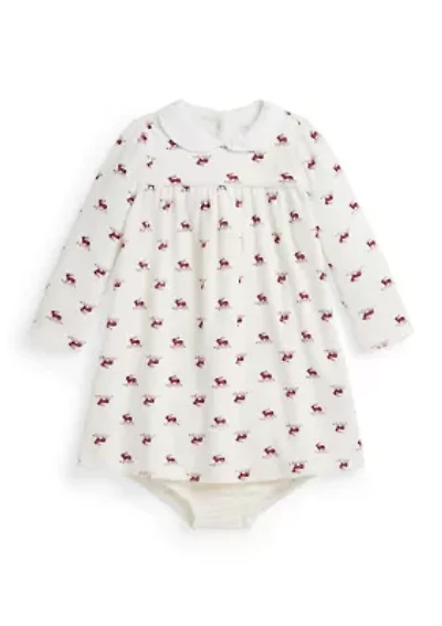 Baby Girls Elk-Print Velour Dress & Bloomer