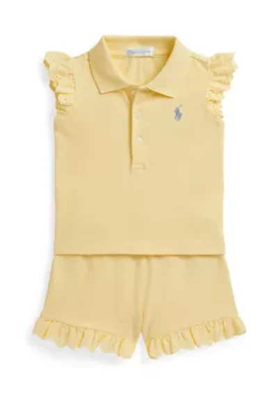 Baby Girls Eyelet Stretch Mesh Polo Shirt & Shorts