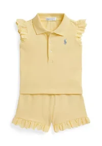 Baby Girls Eyelet Stretch Mesh Polo Shirt & Shorts