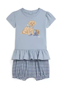 Baby Girls Dog-Print Cotton T-Shirt & Gingham Bloomer