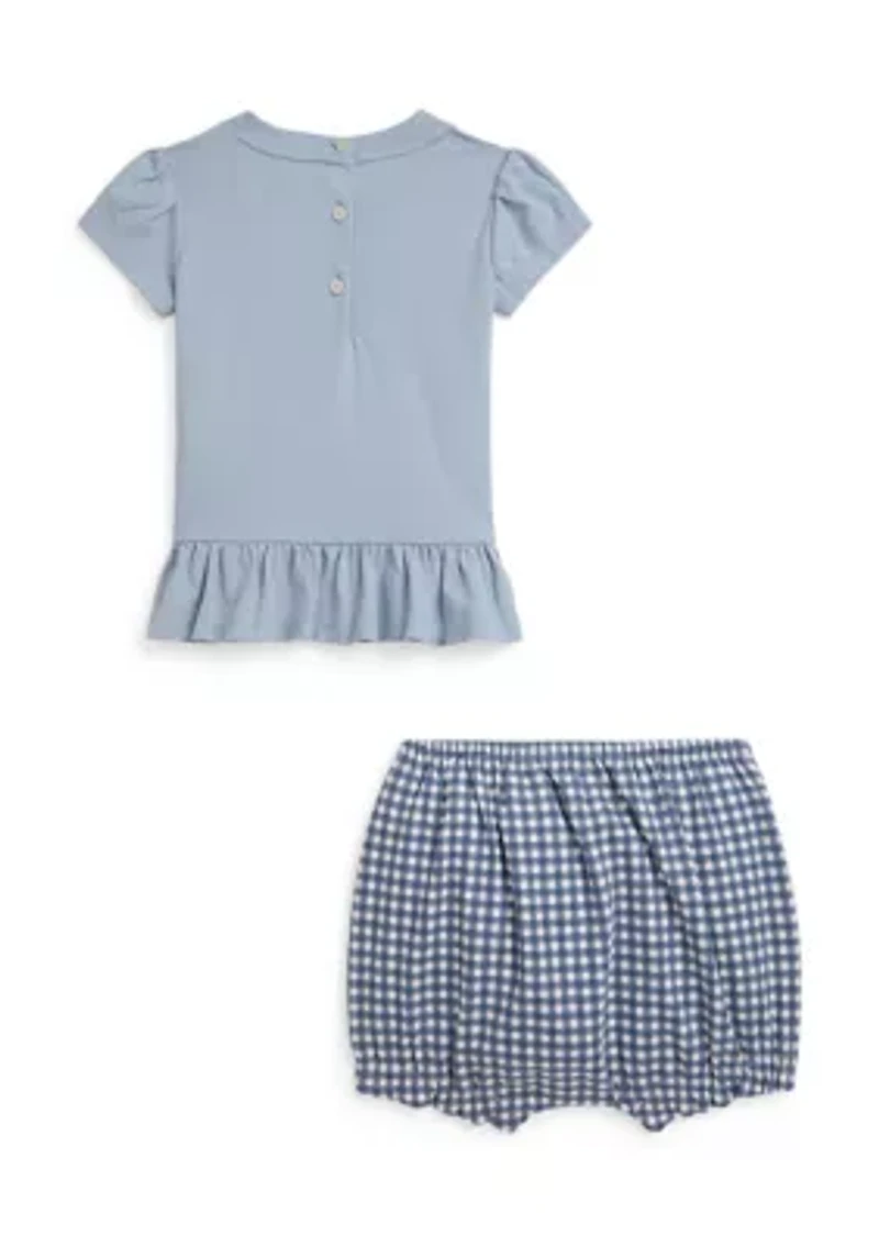 Baby Girls Dog-Print Cotton T-Shirt & Gingham Bloomer