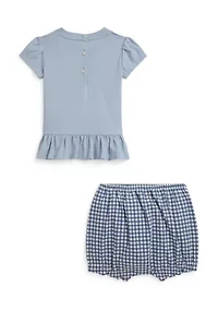 Baby Girls Dog-Print Cotton T-Shirt & Gingham Bloomer