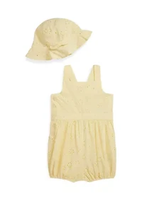 Baby Girls Eyelet Cotton Bubble Shortall & Hat