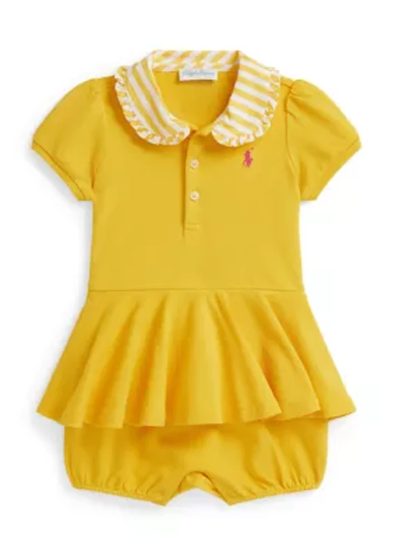 Baby Girls Contrast-Collar Mesh Bubble Shortall
