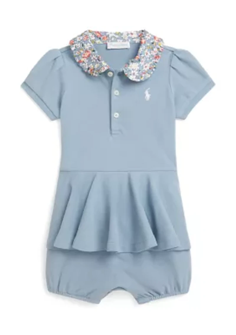 Baby Girls Contrast-Collar Mesh Bubble Shortall