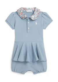 Baby Girls Contrast-Collar Mesh Bubble Shortall