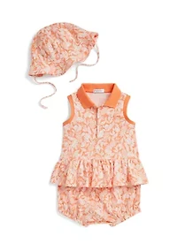 Baby Girls Mesh Polo Shirt, Bloomer & Hat Set