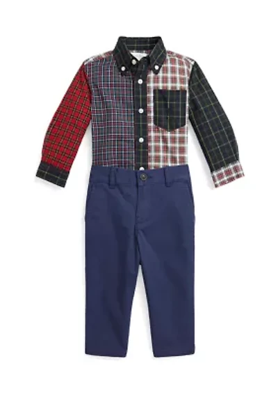 Baby Boys Plaid Fun Shirt and Stretch Chino Pants Set