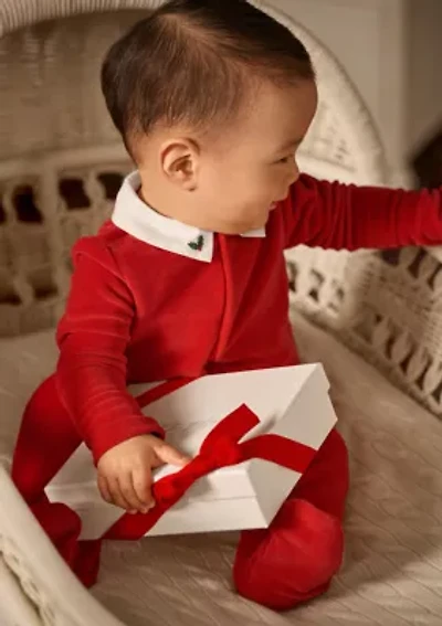 Baby Boys Embroidered Velour Footed Coverall