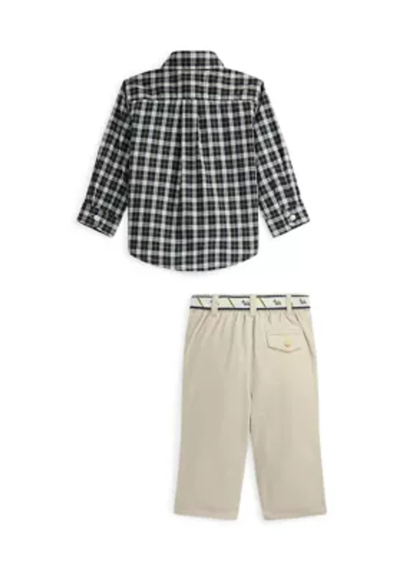 Baby Boys Plaid Shirt, Belt & Canvas Pant Set