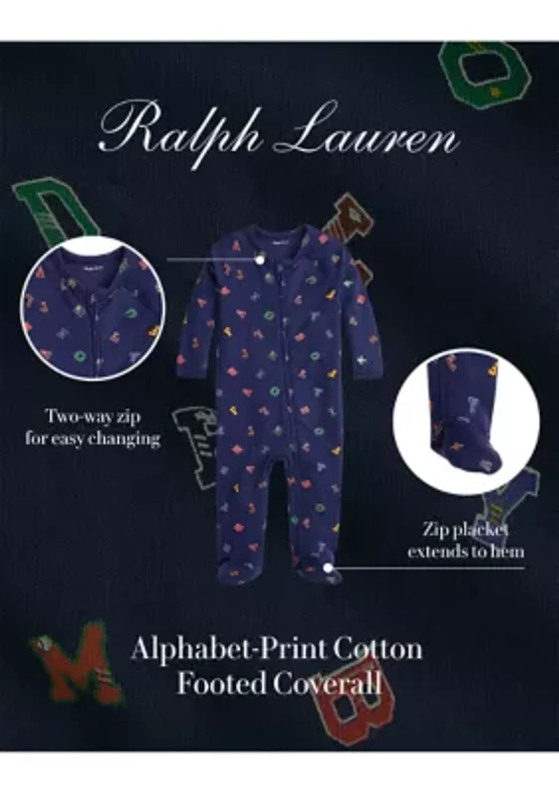 Baby Boys Alphabet Printed Cotton Footed Zip Coverall