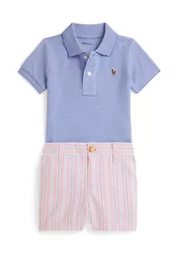 Baby Boys Oxford Mesh Polo Shirt & Striped Short