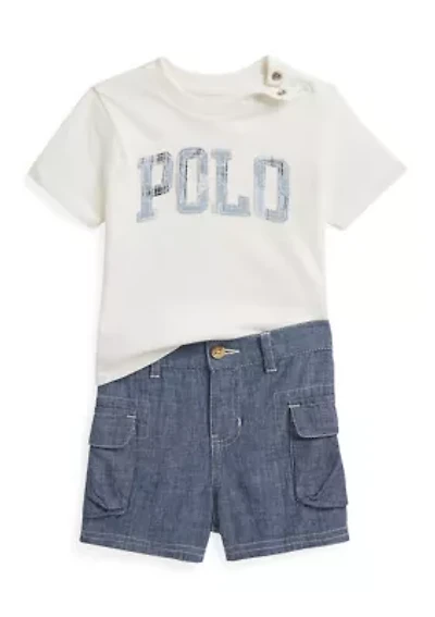 Baby Boys Logo Cotton T-Shirt & Chambray Cargo Shorts