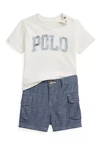 Baby Boys Logo Cotton T-Shirt & Chambray Cargo Shorts