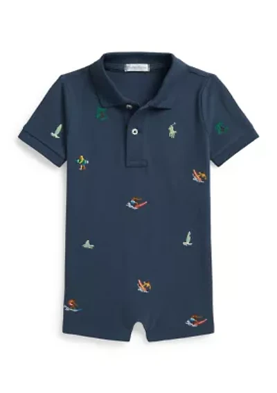 Baby Boys Embroidered Cotton Mesh Polo Shortall