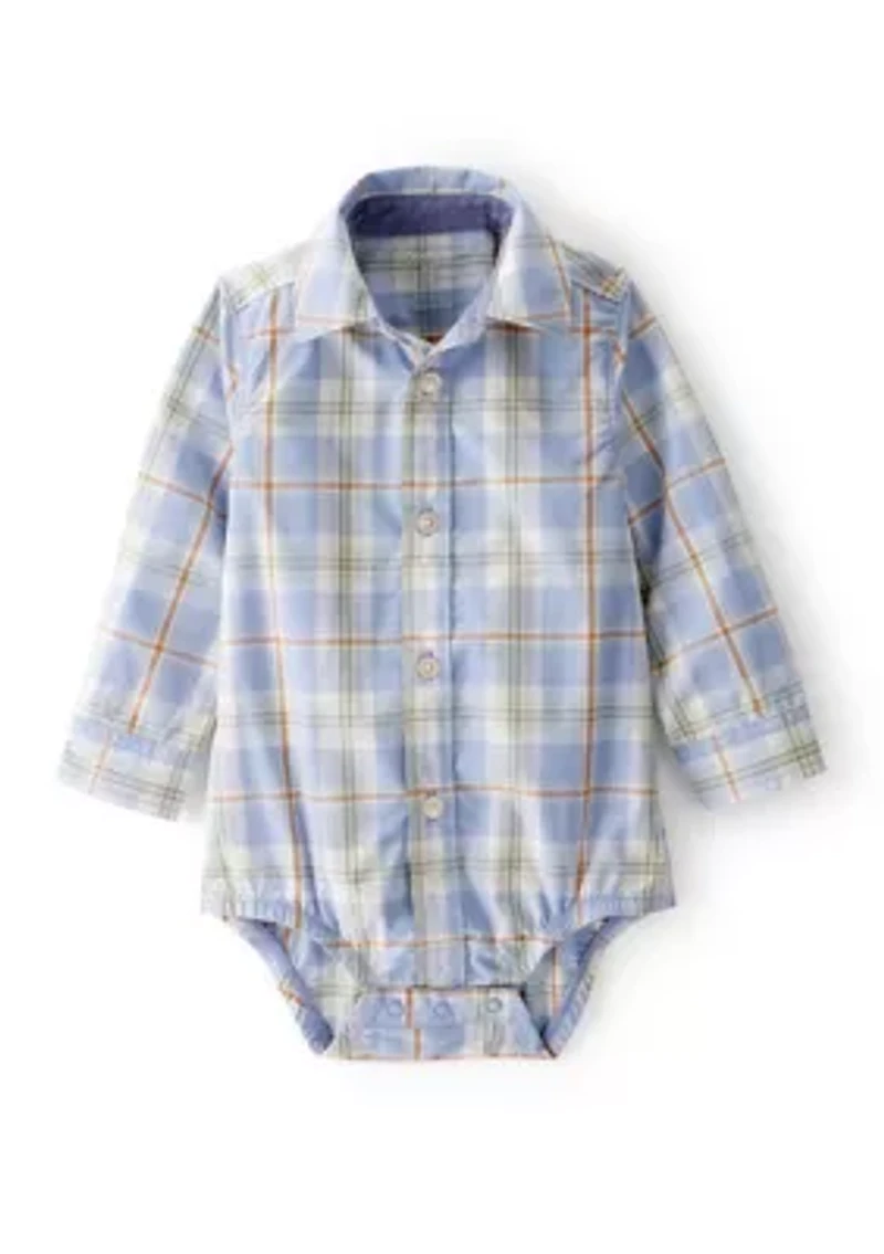 Baby Boys Poplin Plaid Button-Front Long-Sleeve Bodysuit
