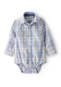 Baby Boys Poplin Plaid Button-Front Long-Sleeve Bodysuit