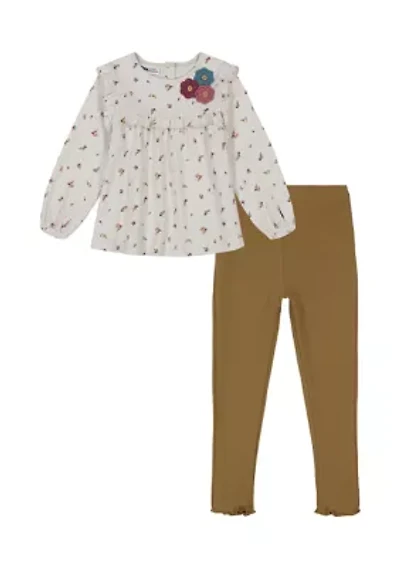 Baby Girls Floral Appliqué Printed Top and Leggings Set
