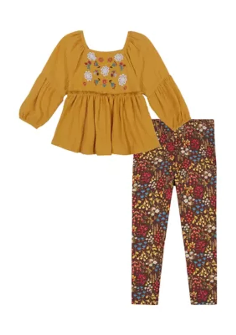 Baby Girls Embroidered Top and Printed Leggings Set